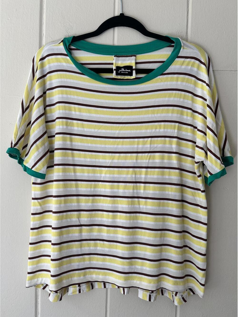 Justmine Italian Striped Tee Yellow White and Brown with Green Trim Size Medium